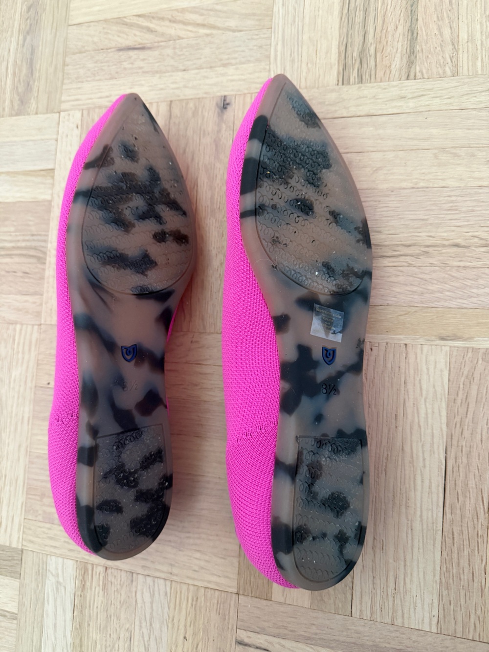 Rothy's Pointed Toe Flats in Hot Pink with Blue Heel Tab - Picture 2 of 5